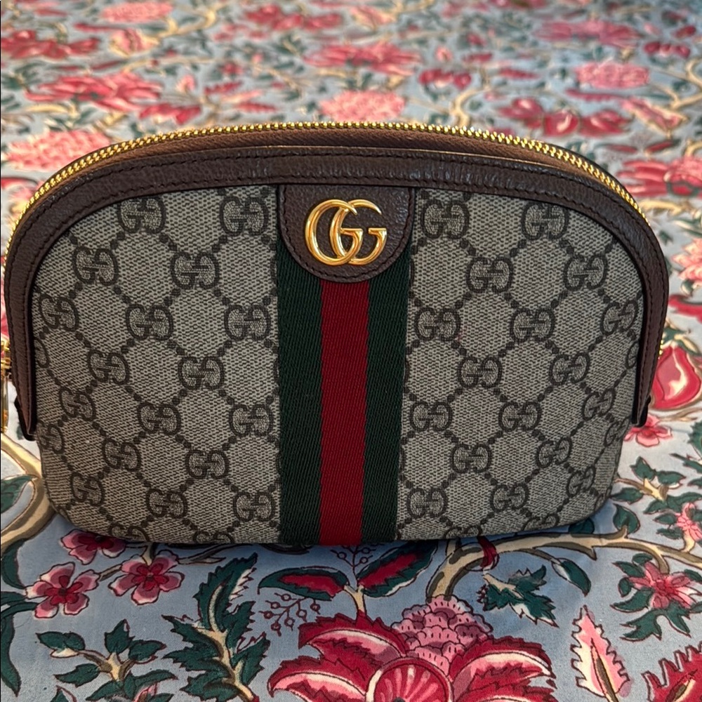 Gucci Beige and Brown Canvas Pouch with Red and Green Stripe